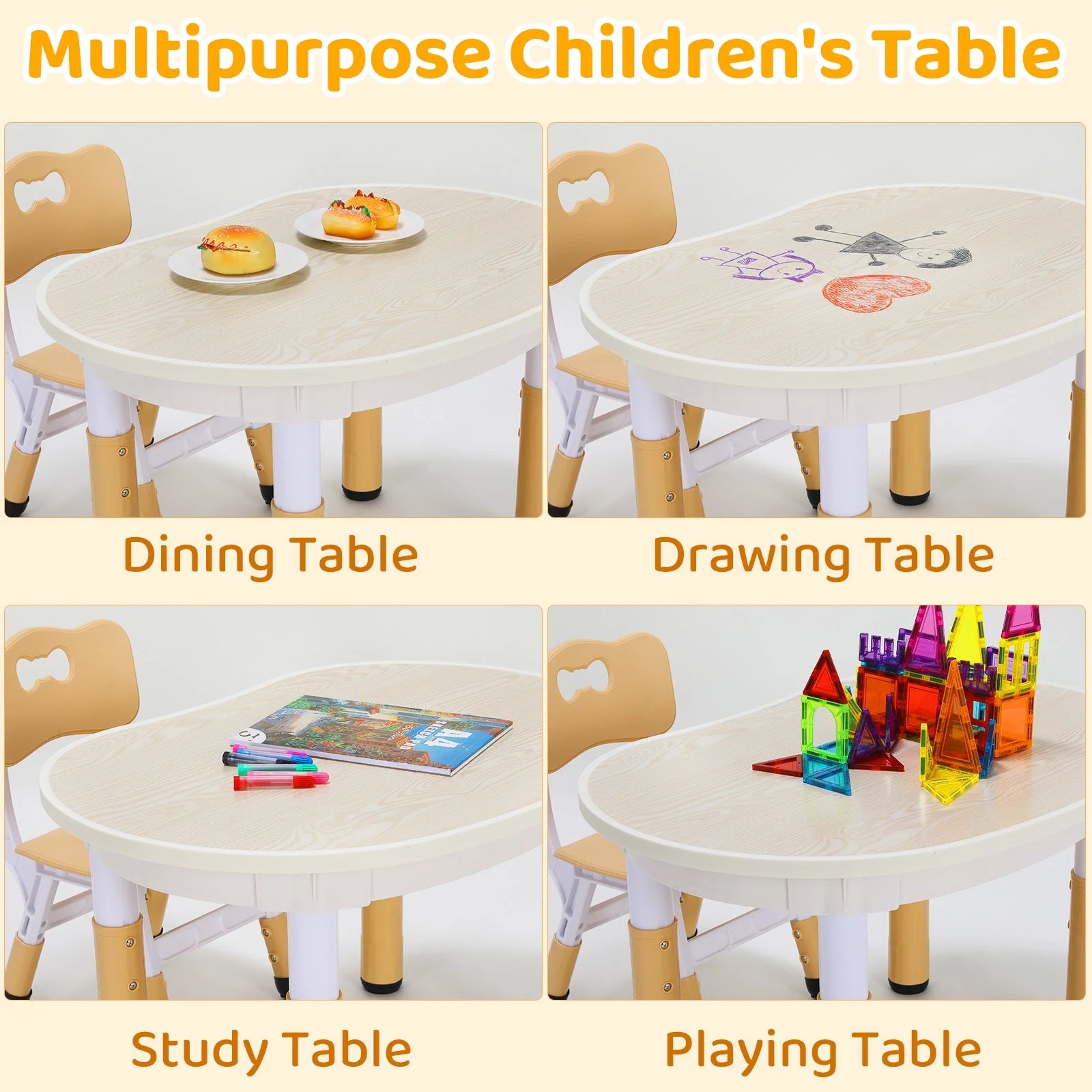 Kids Table and 2 Chairs Set, Adjustable Height Toddler Play Activity Table Set with Graffiti Desktop for Daycare, Playroom