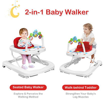 Babyjoy 2-In-1 Foldable Baby Walker with Adjustable Heights & Detachable Toy Tray Red