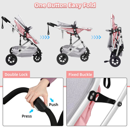 Baby Stroller, Foldable Baby Stroller Reversible Bassinet, Travel Stroller for Newborn Baby, Pink