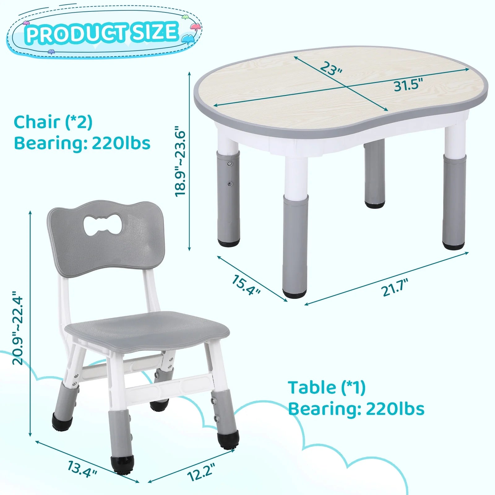 Kids Table and 2 Chairs Set, Height Adjustable Toddler Table and Chairs Set for Ages 3+, Children Arts & Crafts Activity Table Set for Classrooms/Daycares/Homes