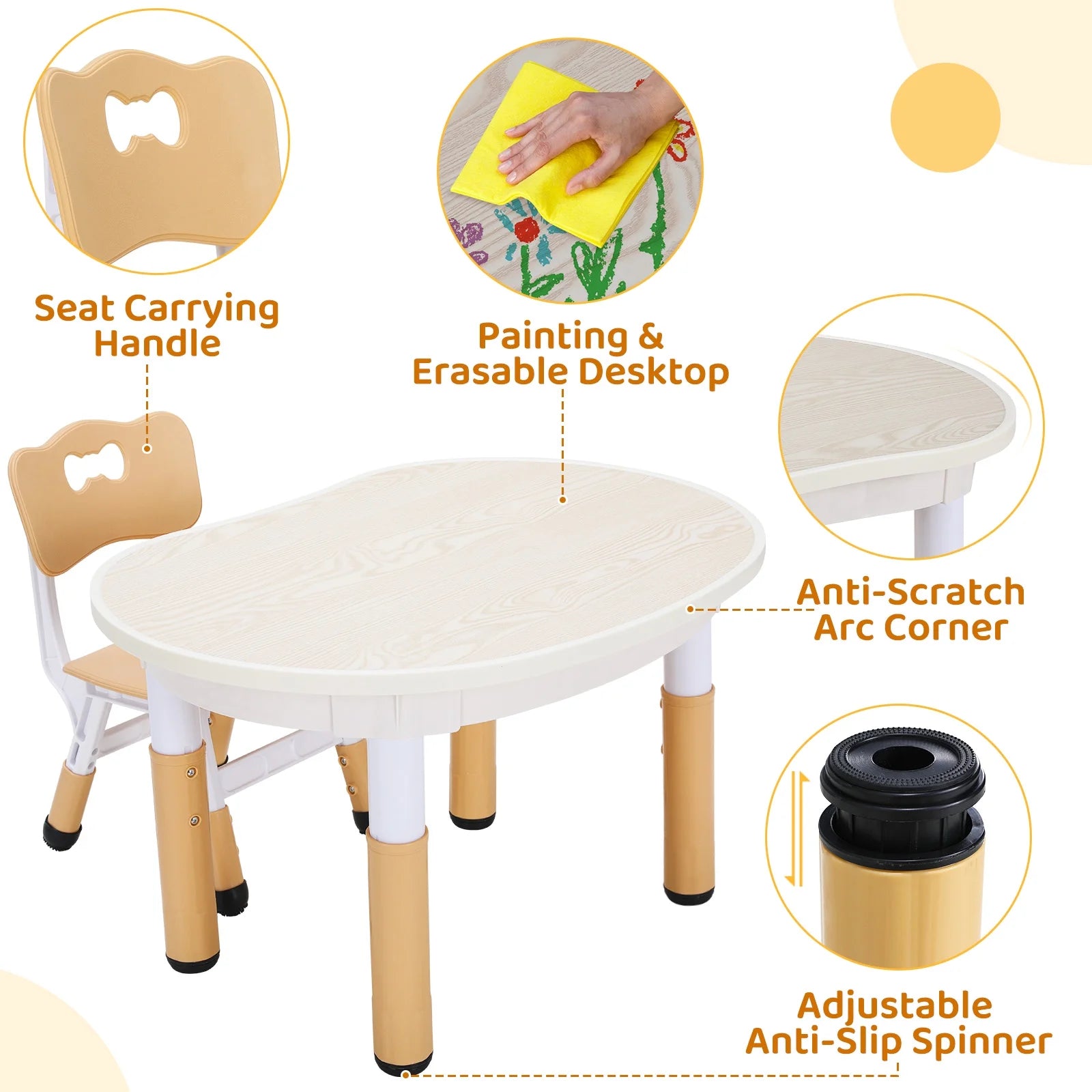 Kids Table and 2 Chairs Set, Adjustable Height Toddler Play Activity Table Set with Graffiti Desktop for Daycare, Playroom