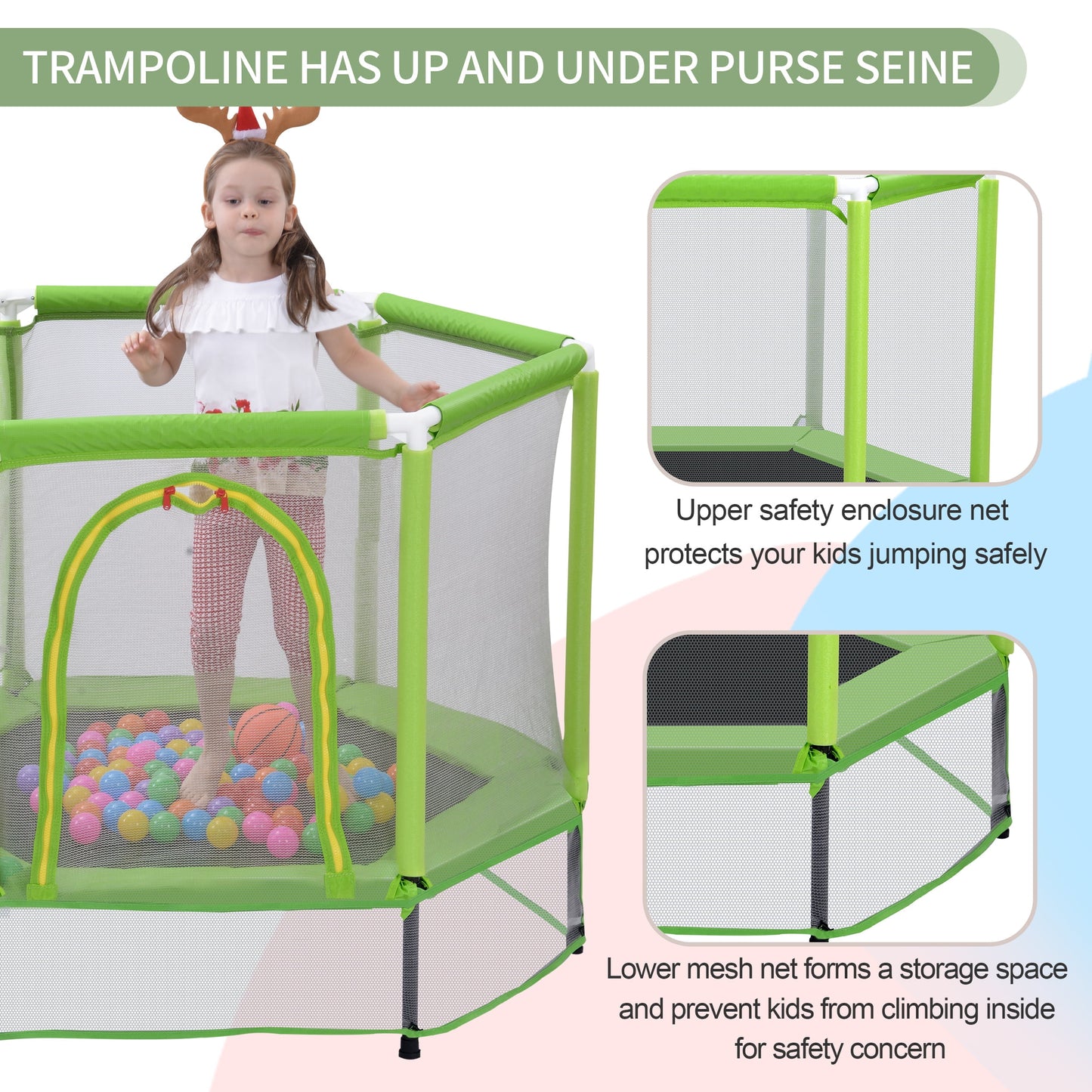 55'' Trampoline for Kids, Toddlers Trampoline with Enclosure Net and Balls, Mini Trampoline, Indoor & Outdoor Trampoline, Gifts for Kids, Baby Toddler Trampoline Toys, Green