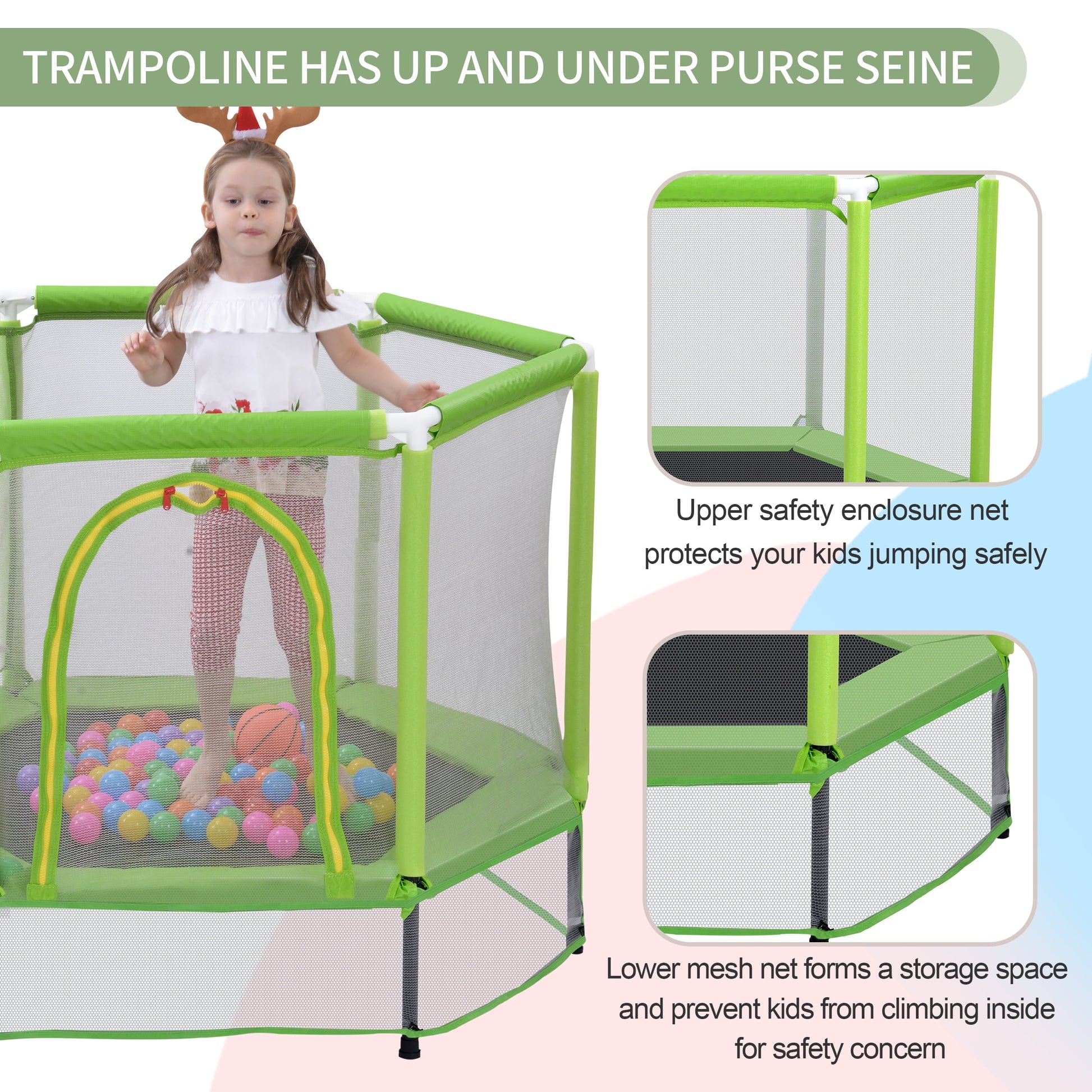 55'' Trampoline for Kids, Toddlers Trampoline with Enclosure Net and Balls, Mini Trampoline, Indoor & Outdoor Trampoline, Gifts for Kids, Baby Toddler Trampoline Toys, Green