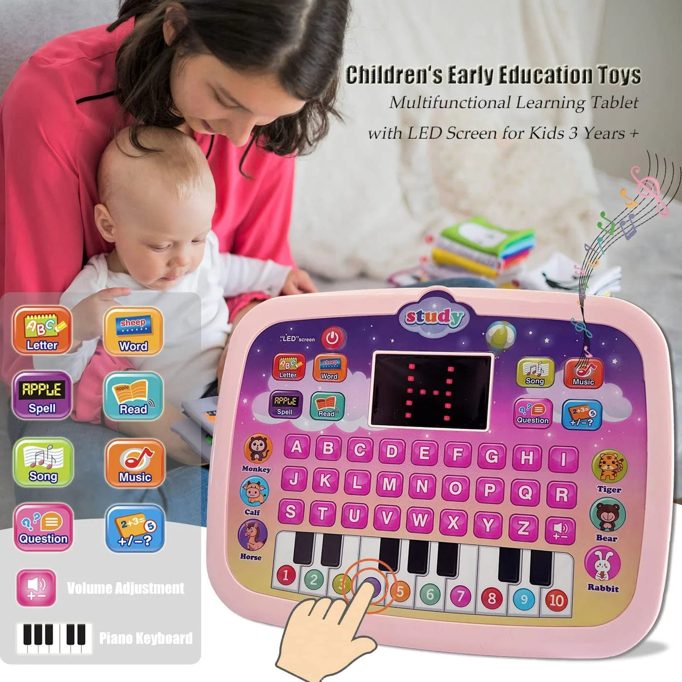 Tablet Toy Toddler Learning Pad with LED Screen Teach,Educational Learning Toys with Light and Music Electronic Toy Christmas Birthday Gift for Toddlers 1 2 3 Years Old Girls Boys