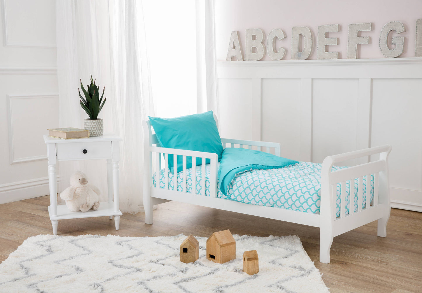 4-Piece 100% Cotton Percale Toddler Bedding Set, Aqua Sea Wave