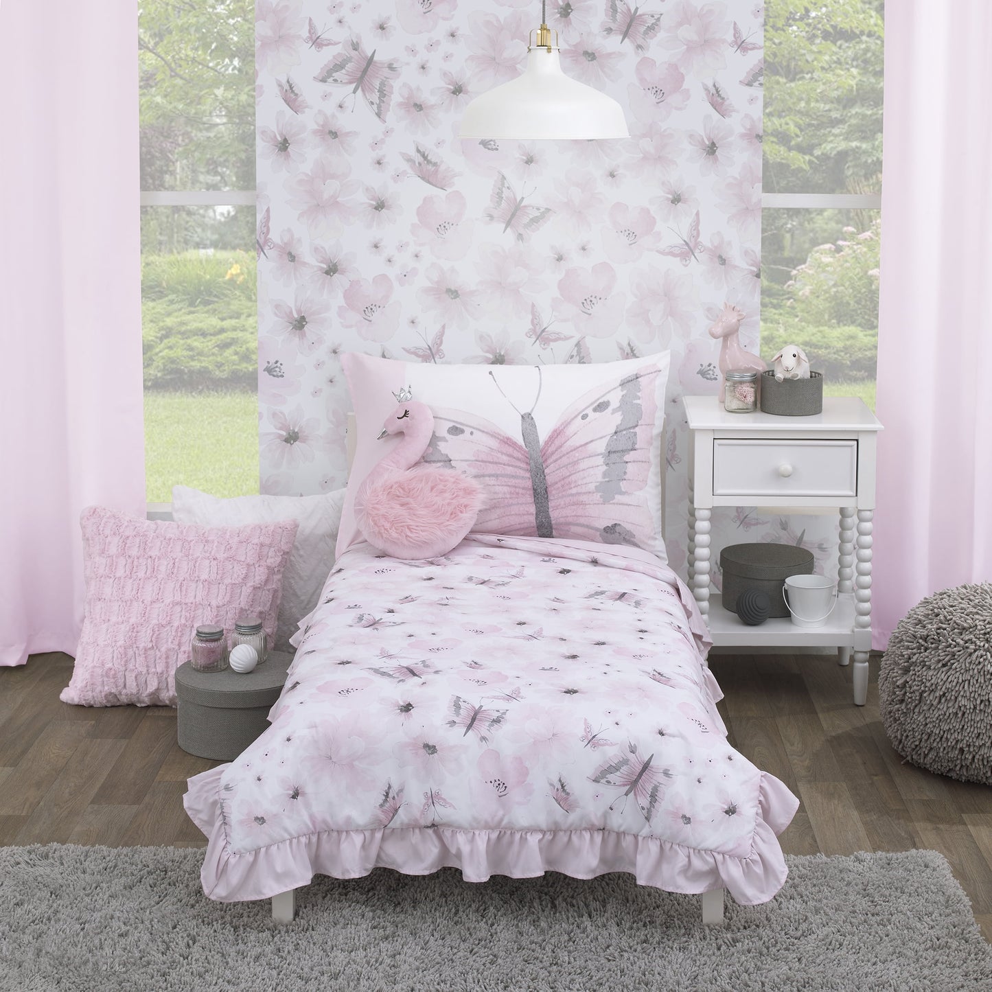 Butterfly 4 Piece Toddler Bed Set, Comforter, Flat Sheet, Fitted Sheet, Pillowcase