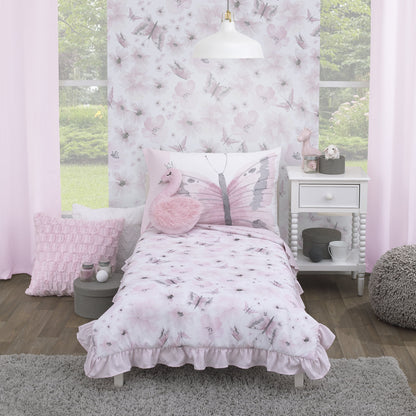 Butterfly 4 Piece Toddler Bed Set, Comforter, Flat Sheet, Fitted Sheet, Pillowcase