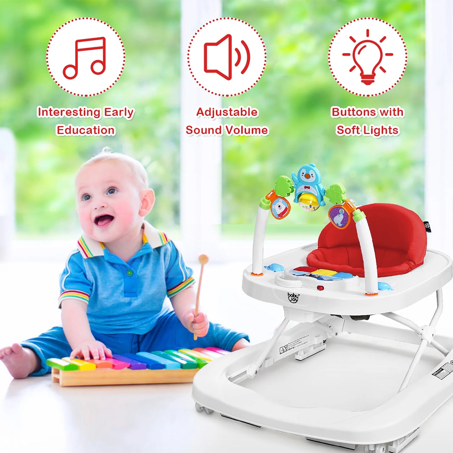 Babyjoy 2-In-1 Foldable Baby Walker with Adjustable Heights & Detachable Toy Tray Red