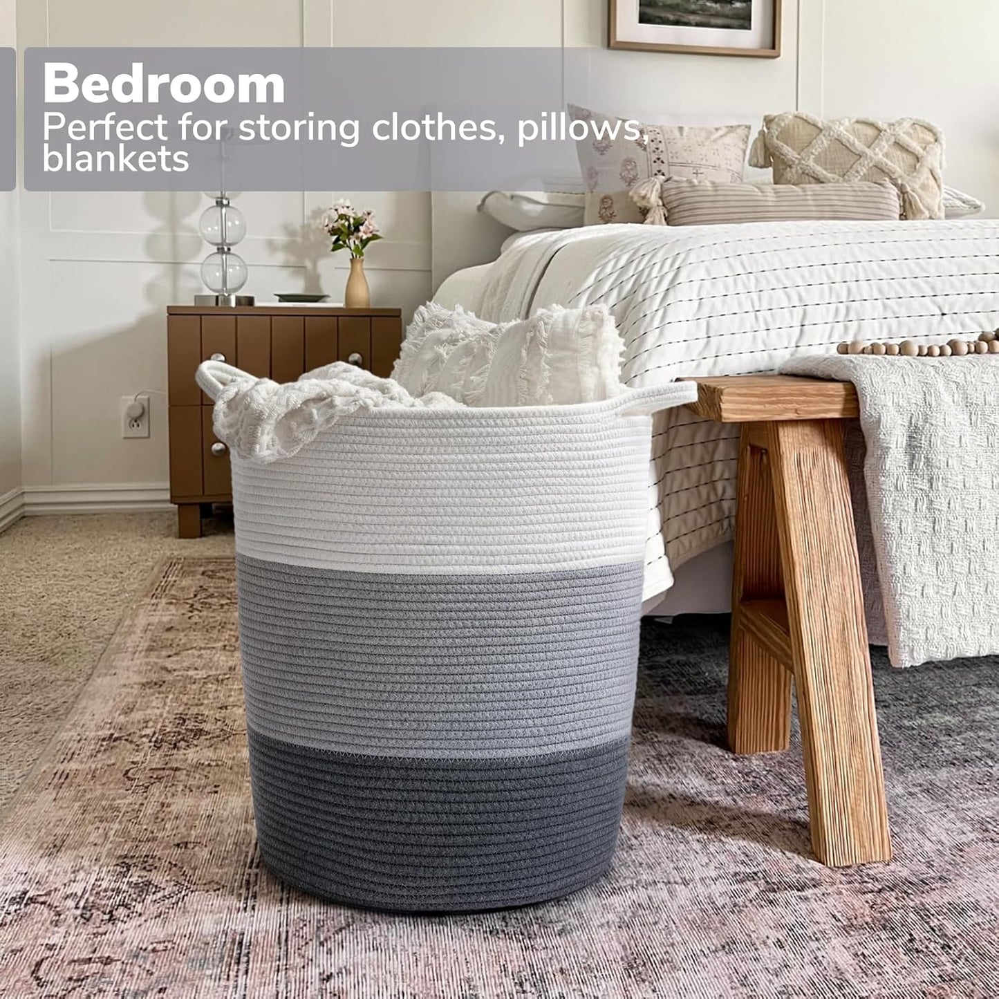 17¾ X 15¾ X 13¾ Inches Grey Baby Laundry Basket Thread Cotton Rope Basket Toy Storage Basket Organizer Tall Woven Basket Blanket Storage Baby Laundry Nursery Hamper for Living Room Toy Gifts