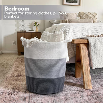 17¾ X 15¾ X 13¾ Inches Grey Baby Laundry Basket Thread Cotton Rope Basket Toy Storage Basket Organizer Tall Woven Basket Blanket Storage Baby Laundry Nursery Hamper for Living Room Toy Gifts
