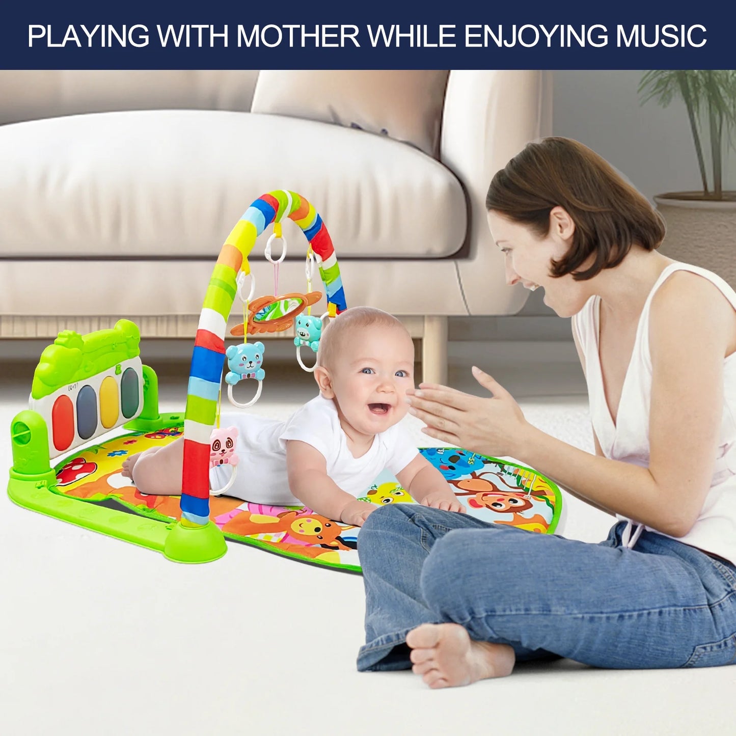 Baby Gym Play Mat, Tummy Time Mat for Baby Kick and Play, Lights Piano Play Mat, Musical Activity Fitness Gym Center for Baby Newborn Infants