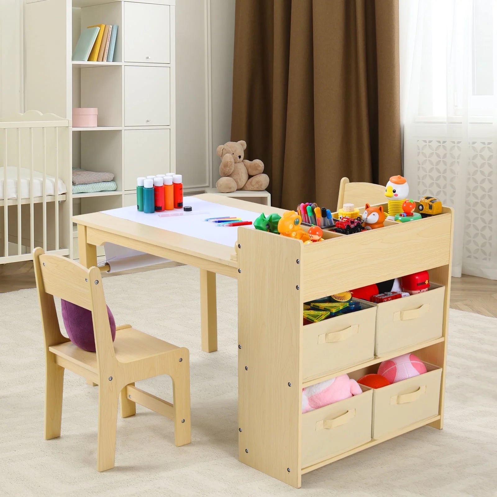 Kids Art Table and 2 Chairs Set with Paper Roll, Toddler Craft Table Drawing Desk Wooden Children Play Activity Table with Storage Bins and Storage Shelves for Ages 3-8