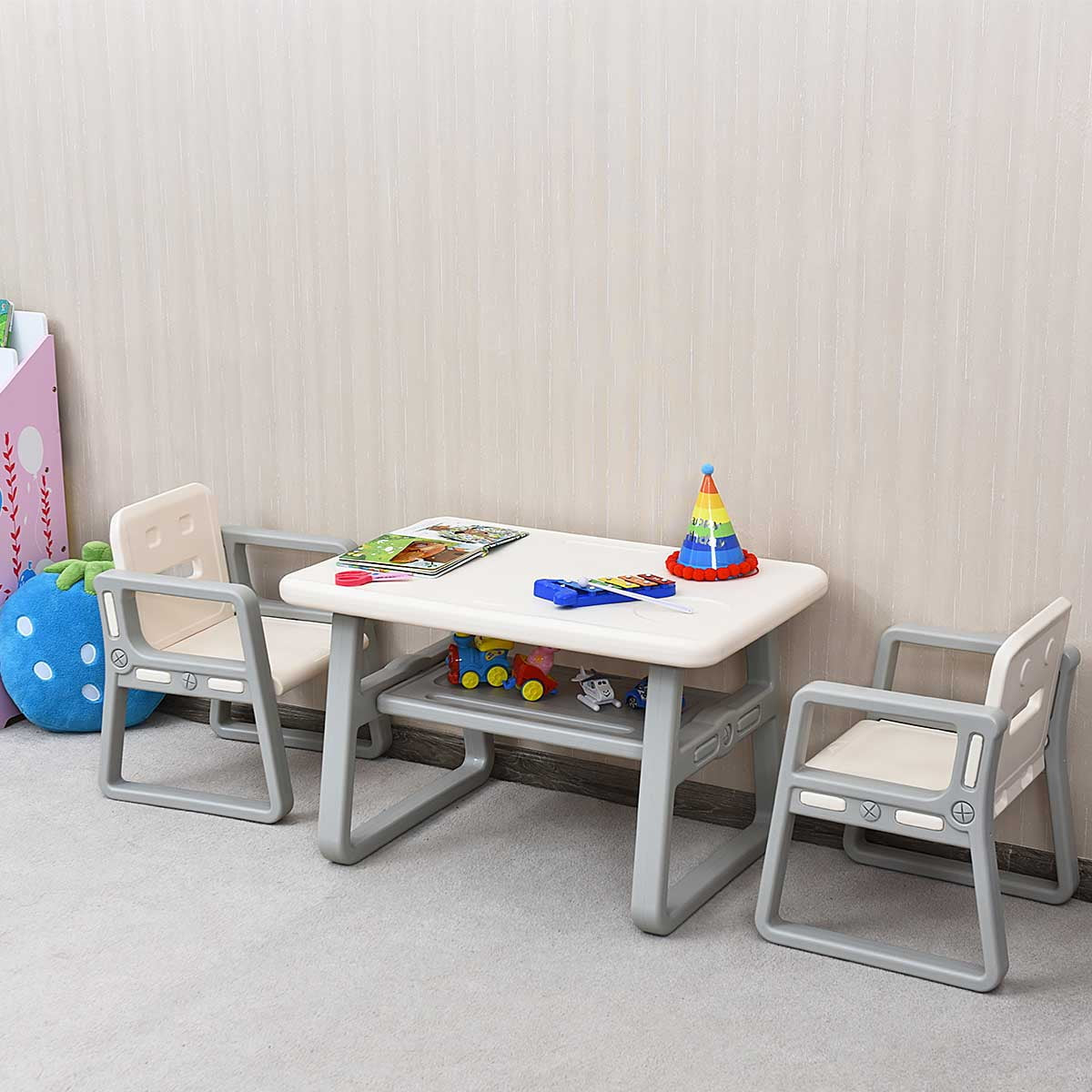 Kids 2-In-1 Table and 2 Chairs Set Activity Table with Storage Shelf White Baby