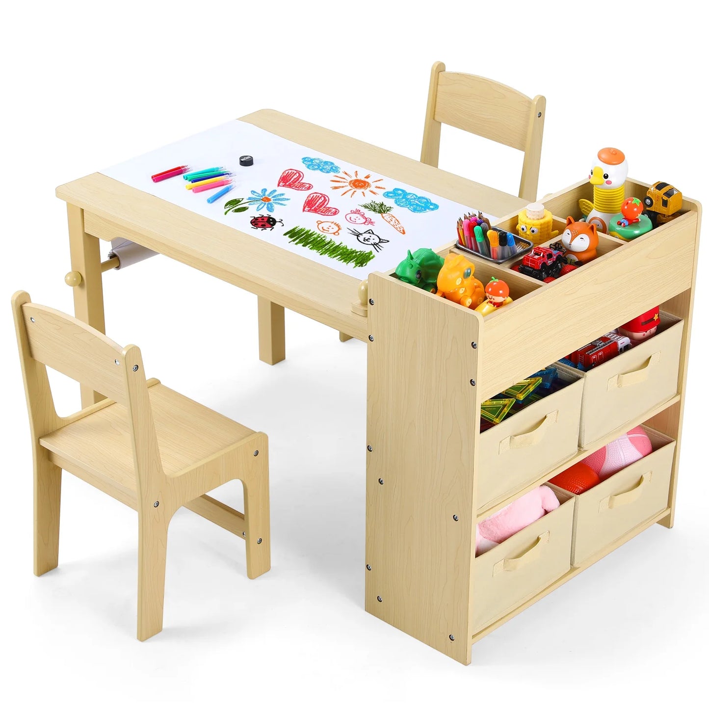 Kids Art Table and 2 Chairs Set with Paper Roll, Toddler Craft Table Drawing Desk Wooden Children Play Activity Table with Storage Bins and Storage Shelves for Ages 3-8
