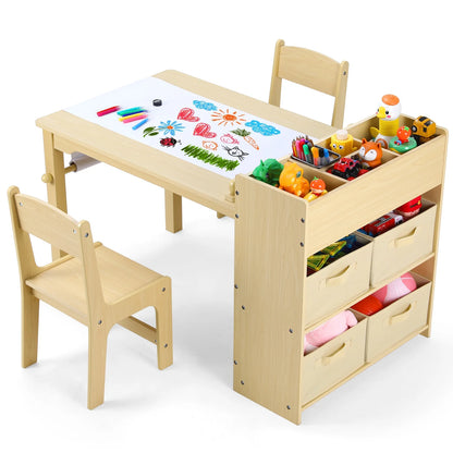 Kids Art Table and 2 Chairs Set with Paper Roll, Toddler Craft Table Drawing Desk Wooden Children Play Activity Table with Storage Bins and Storage Shelves for Ages 3-8