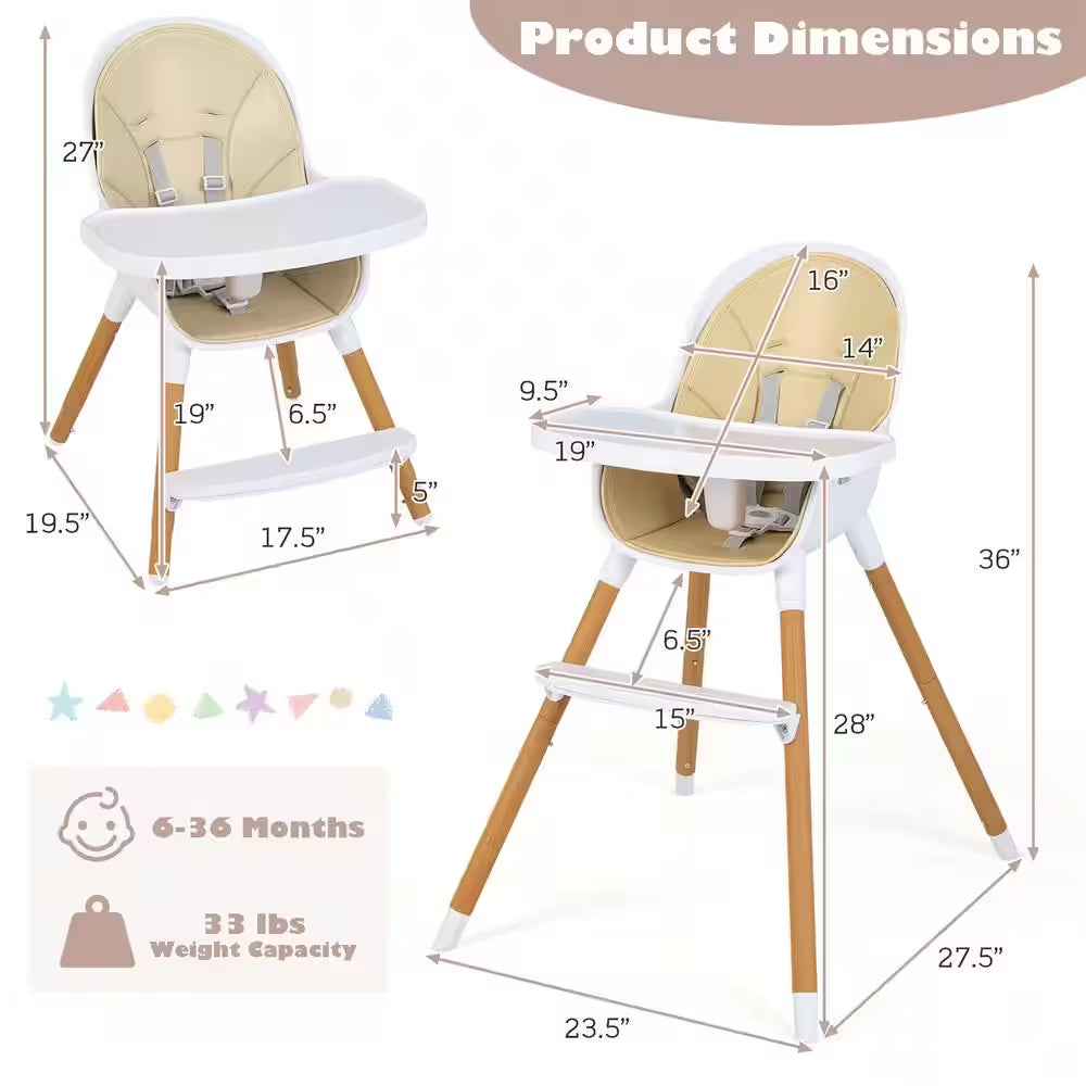 4 In. 1 Convertible Baby High Chair Infant Feeding Chair with Adjustable Tray Beige