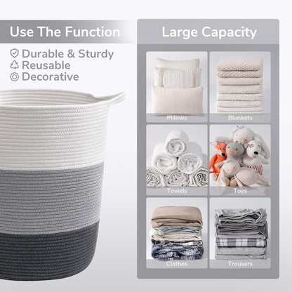 17¾ X 15¾ X 13¾ Inches Grey Baby Laundry Basket Thread Cotton Rope Basket Toy Storage Basket Organizer Tall Woven Basket Blanket Storage Baby Laundry Nursery Hamper for Living Room Toy Gifts