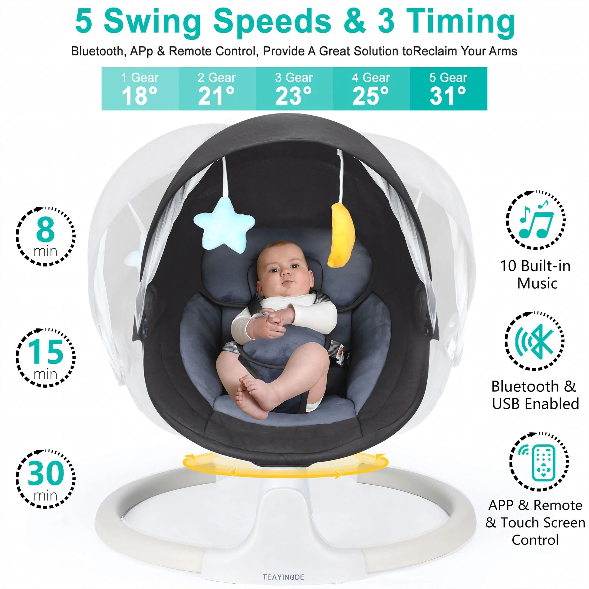 Baby Swing for Infants - Motorized Swing with Music Speaker and Remote Control - 12 Lullabies - Black