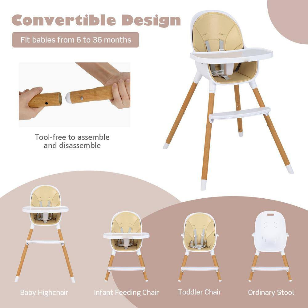 4 In. 1 Convertible Baby High Chair Infant Feeding Chair with Adjustable Tray Beige