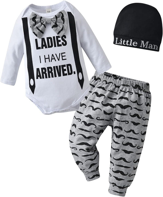 Newborn Infant Baby Boy Clothes Long Sleeve Romper + Pants + Hat 3PCS Outfits Set