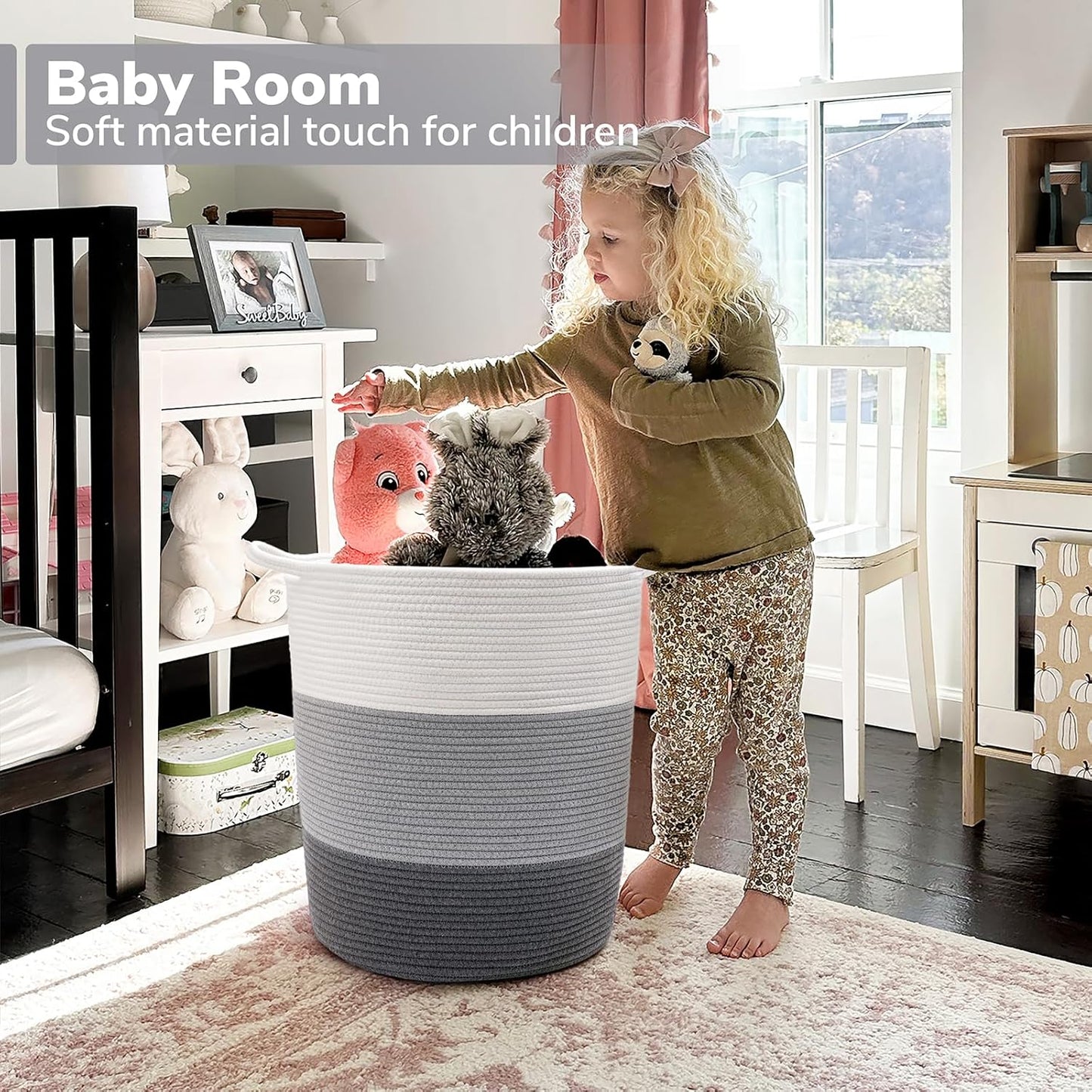 17¾ X 15¾ X 13¾ Inches Grey Baby Laundry Basket Thread Cotton Rope Basket Toy Storage Basket Organizer Tall Woven Basket Blanket Storage Baby Laundry Nursery Hamper for Living Room Toy Gifts