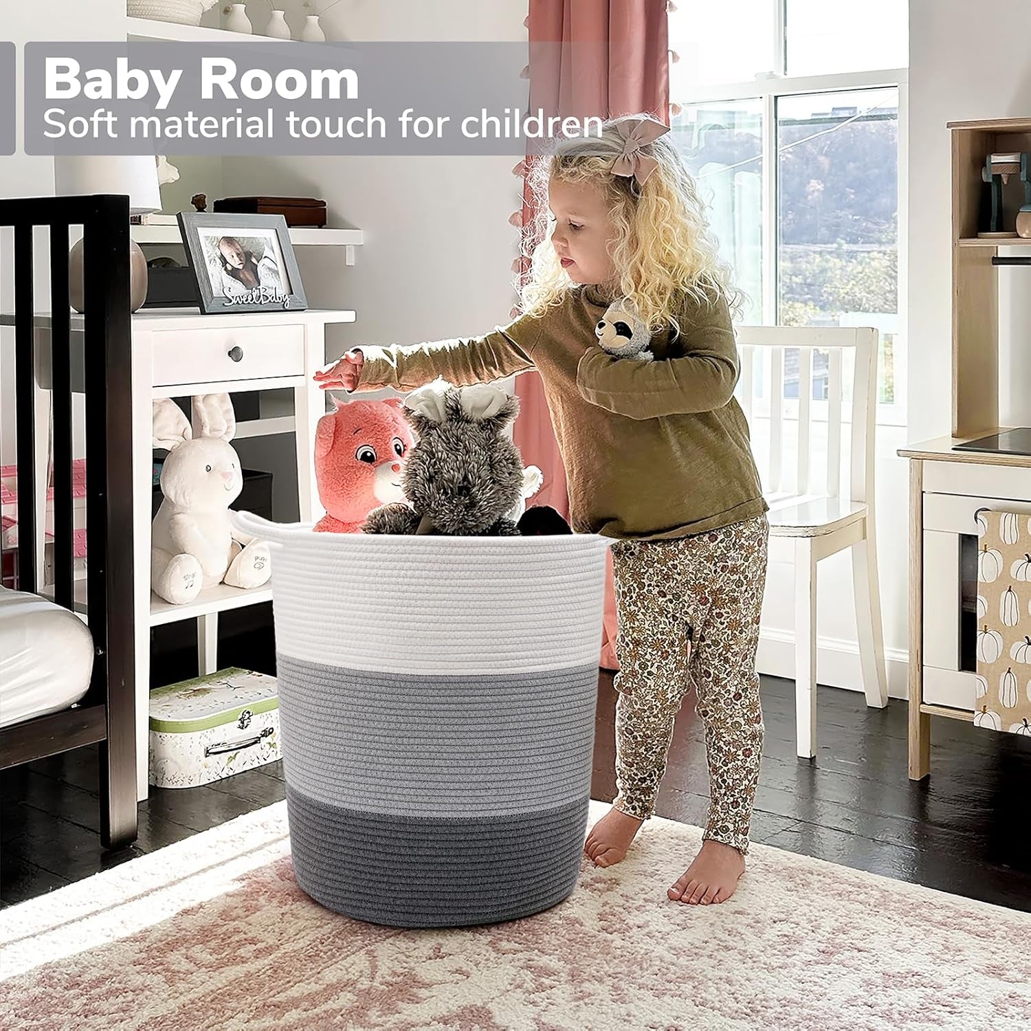 17¾ X 15¾ X 13¾ Inches Grey Baby Laundry Basket Thread Cotton Rope Basket Toy Storage Basket Organizer Tall Woven Basket Blanket Storage Baby Laundry Nursery Hamper for Living Room Toy Gifts