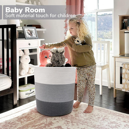 17¾ X 15¾ X 13¾ Inches Grey Baby Laundry Basket Thread Cotton Rope Basket Toy Storage Basket Organizer Tall Woven Basket Blanket Storage Baby Laundry Nursery Hamper for Living Room Toy Gifts