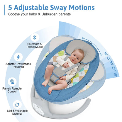 Electric Baby Swing, Infant Swing Rocker with Remote Control,5 Sway Speeds,Bluetooth Music,Blue