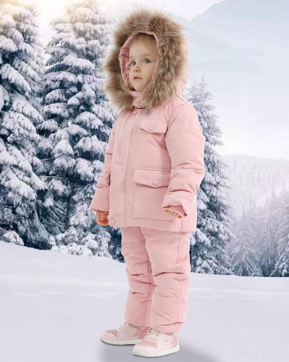 Toddler Girl Snowsuit 2Pcs Kids down Jacket Winter Hooded Coat +Snow Bib Pants Kids Windproof Skiing Suit (2T/6T)