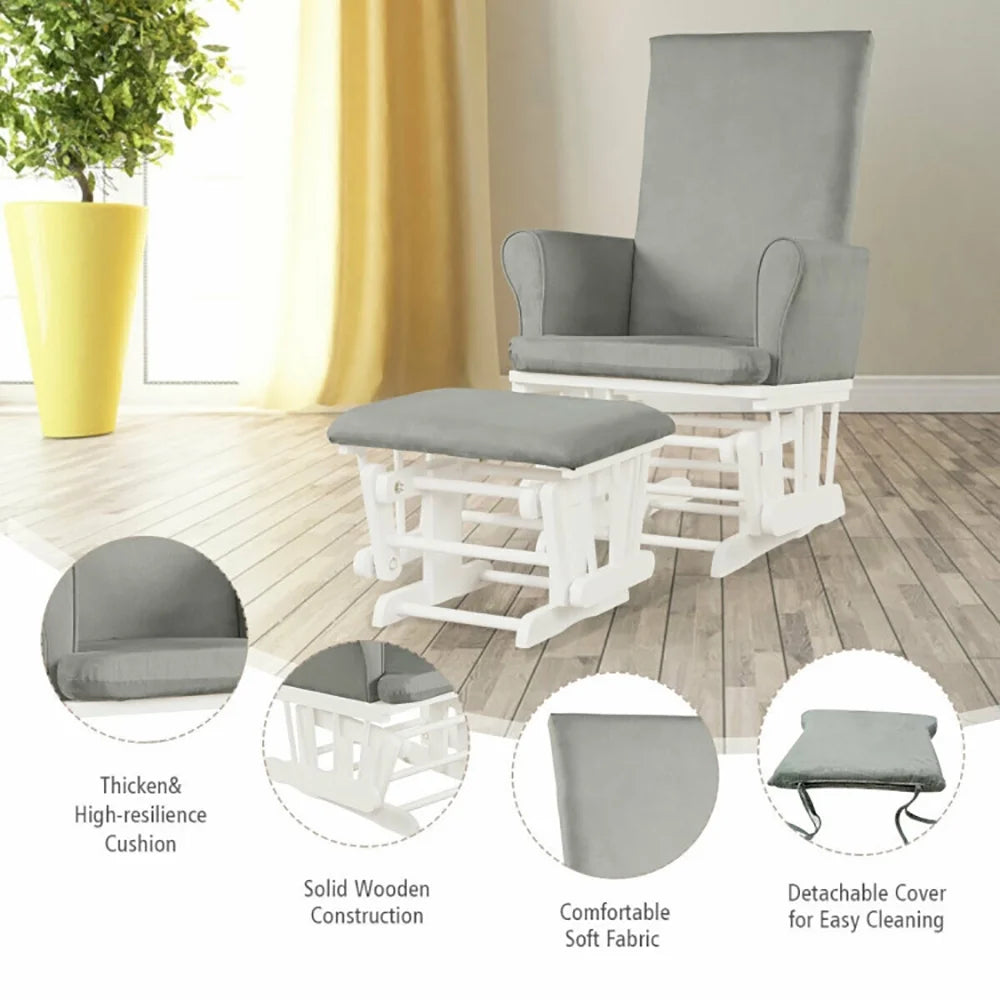 Upholstered Glider and Nursing Ottoman, Comfort Rocking Nursery Chair with Ottoman, Baby Nursery Relax Rocker Rocking Chair Glider and Ottoman Cushion Set, Gray