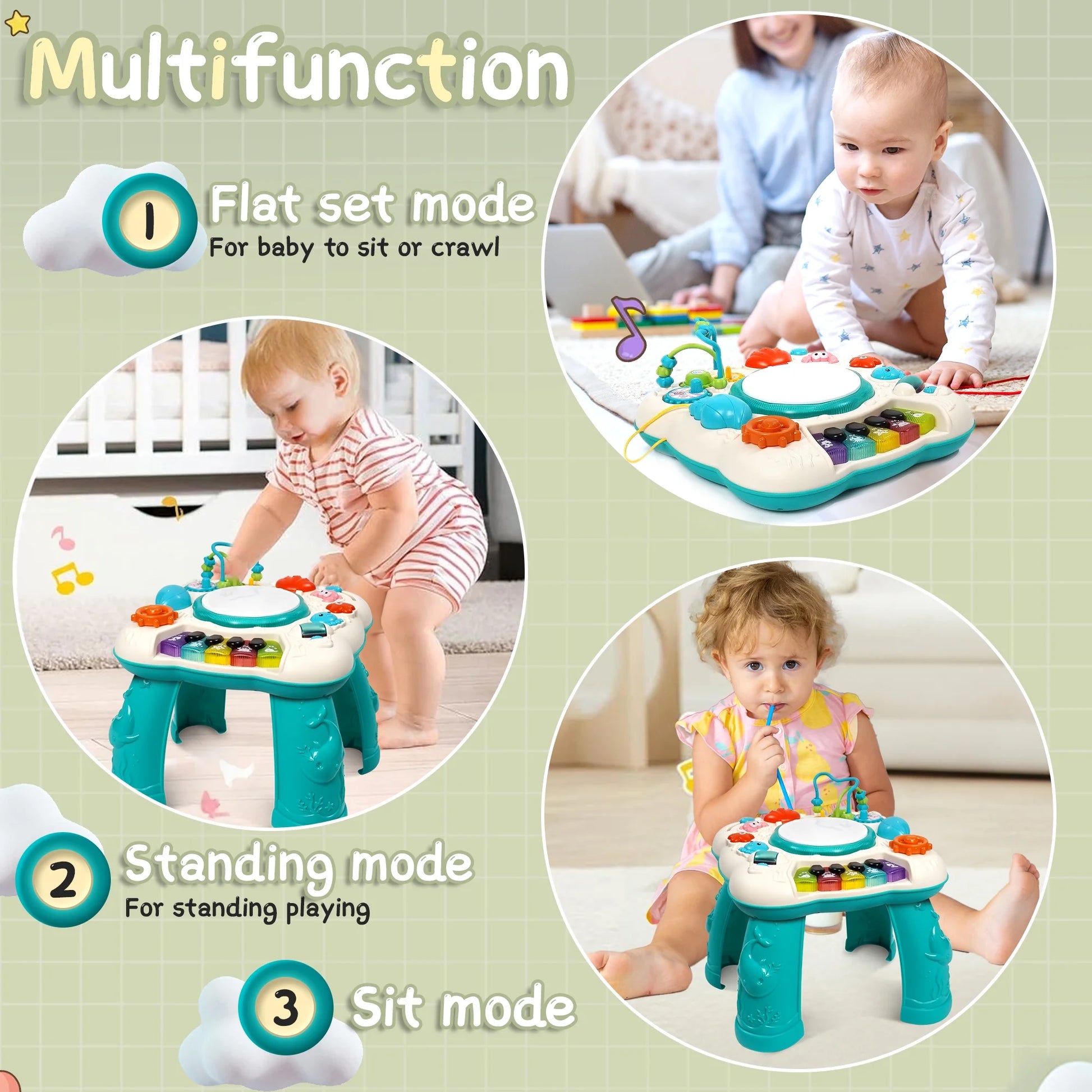 Musical Learning Table,  Infant Toddler Activity Center Baby Toys for Boys and Girls, Musical Educational Learning Table for 6 to 36 Months Year Old, Green