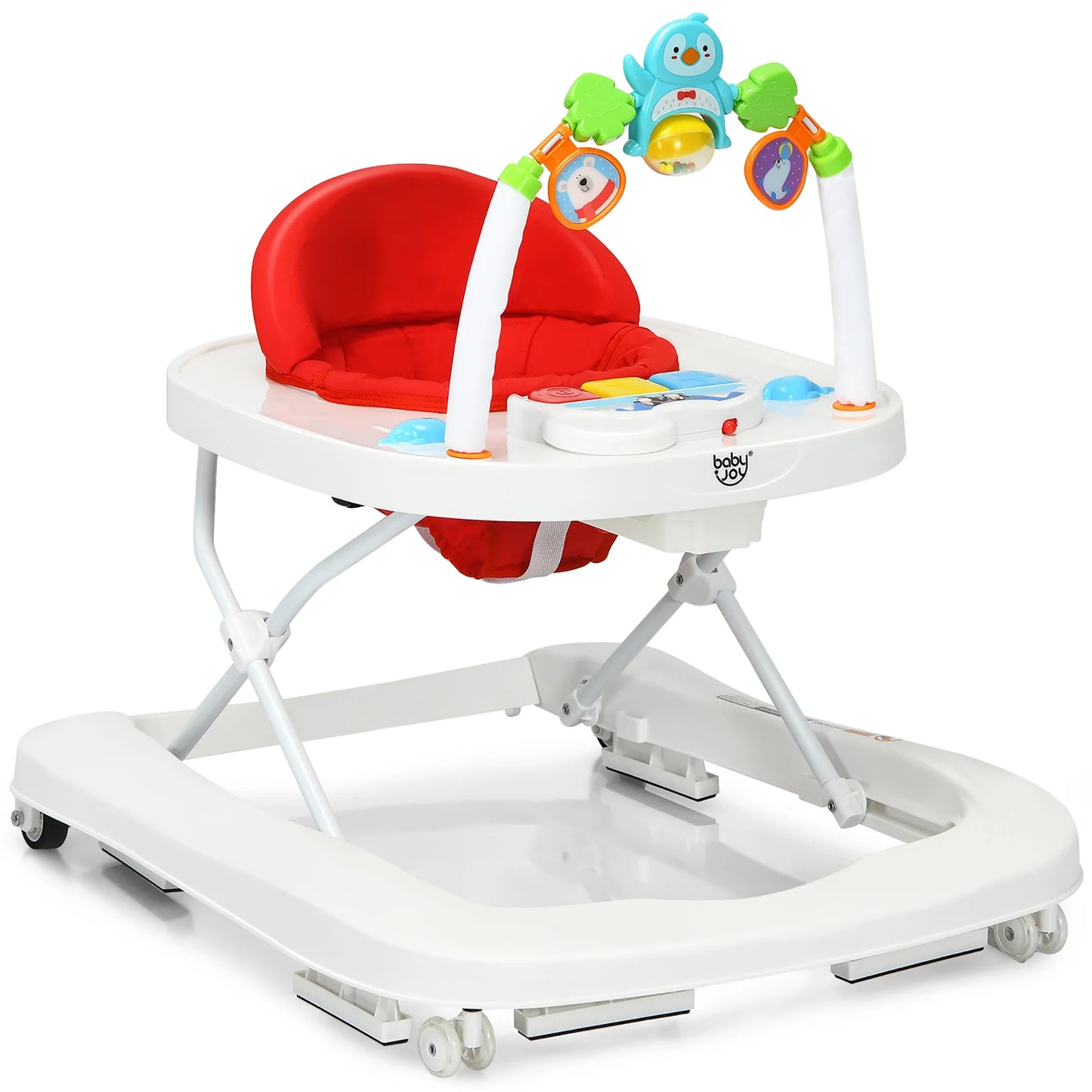 Babyjoy 2-In-1 Foldable Baby Walker with Adjustable Heights & Detachable Toy Tray Red