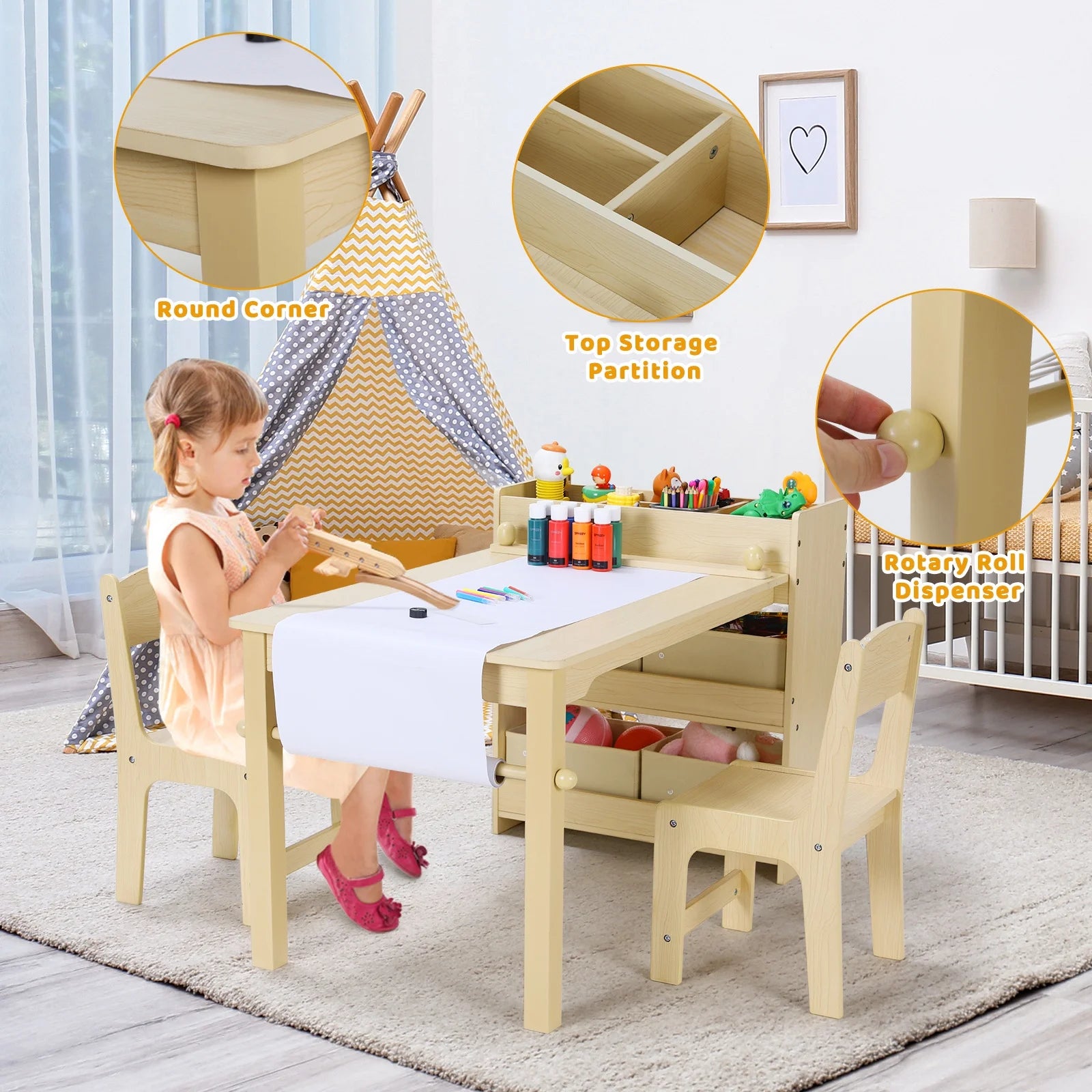 Kids Art Table and 2 Chairs Set with Paper Roll, Toddler Craft Table Drawing Desk Wooden Children Play Activity Table with Storage Bins and Storage Shelves for Ages 3-8