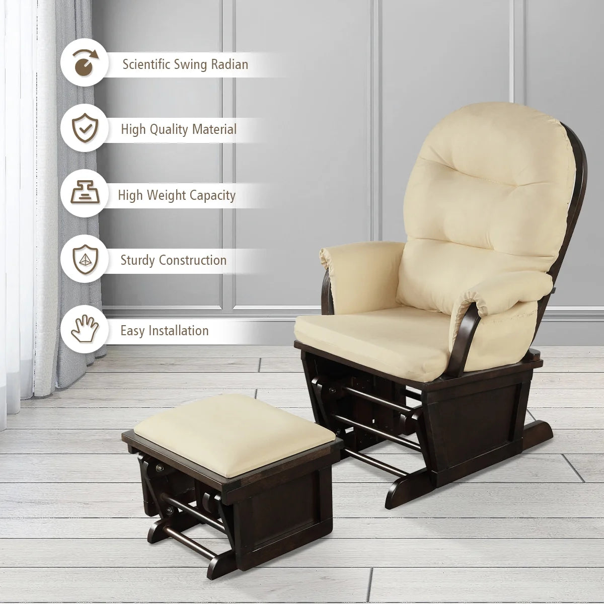 Ergonomic Rocking Chair Baby Nursery Chair Glider with Ottoman Light Beige