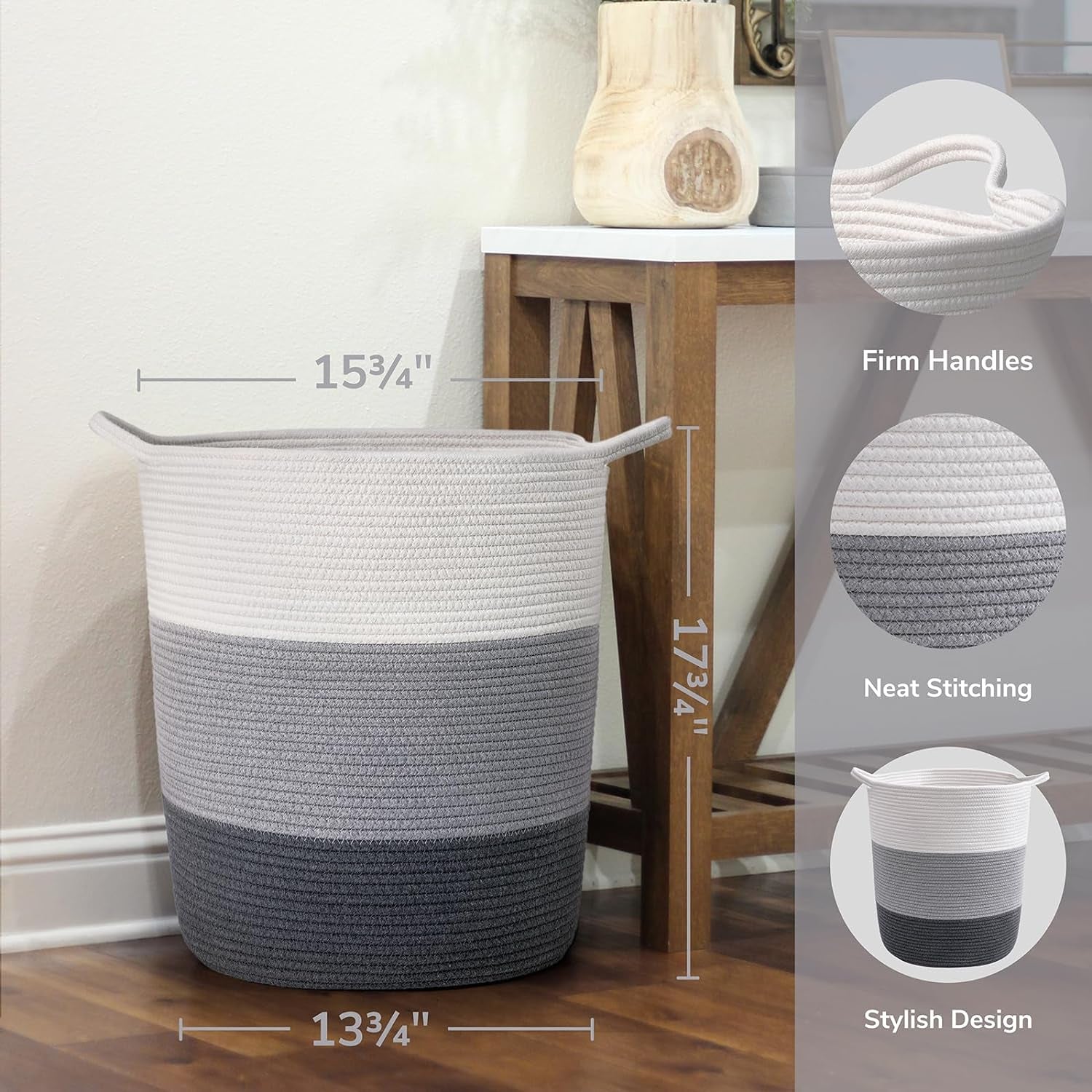 17¾ X 15¾ X 13¾ Inches Grey Baby Laundry Basket Thread Cotton Rope Basket Toy Storage Basket Organizer Tall Woven Basket Blanket Storage Baby Laundry Nursery Hamper for Living Room Toy Gifts