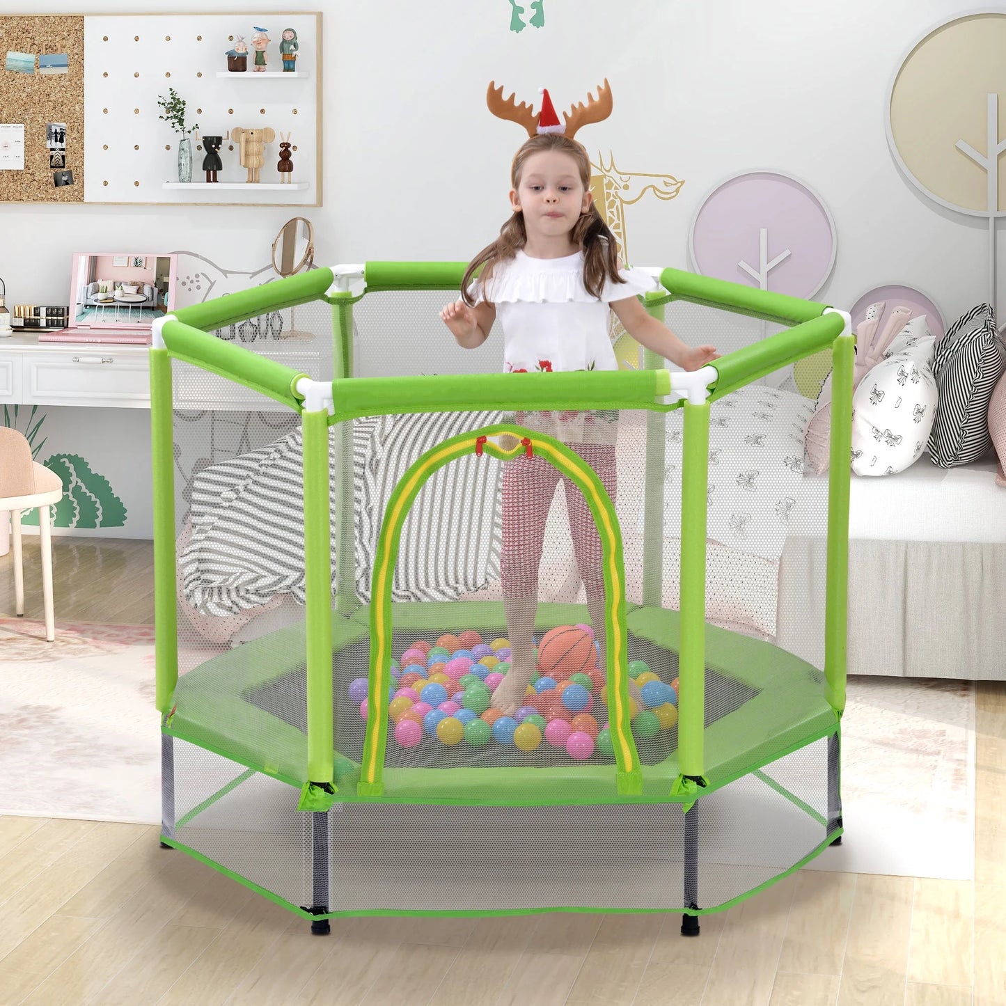 55'' Trampoline for Kids, Toddlers Trampoline with Enclosure Net and Balls, Mini Trampoline, Indoor & Outdoor Trampoline, Gifts for Kids, Baby Toddler Trampoline Toys, Green