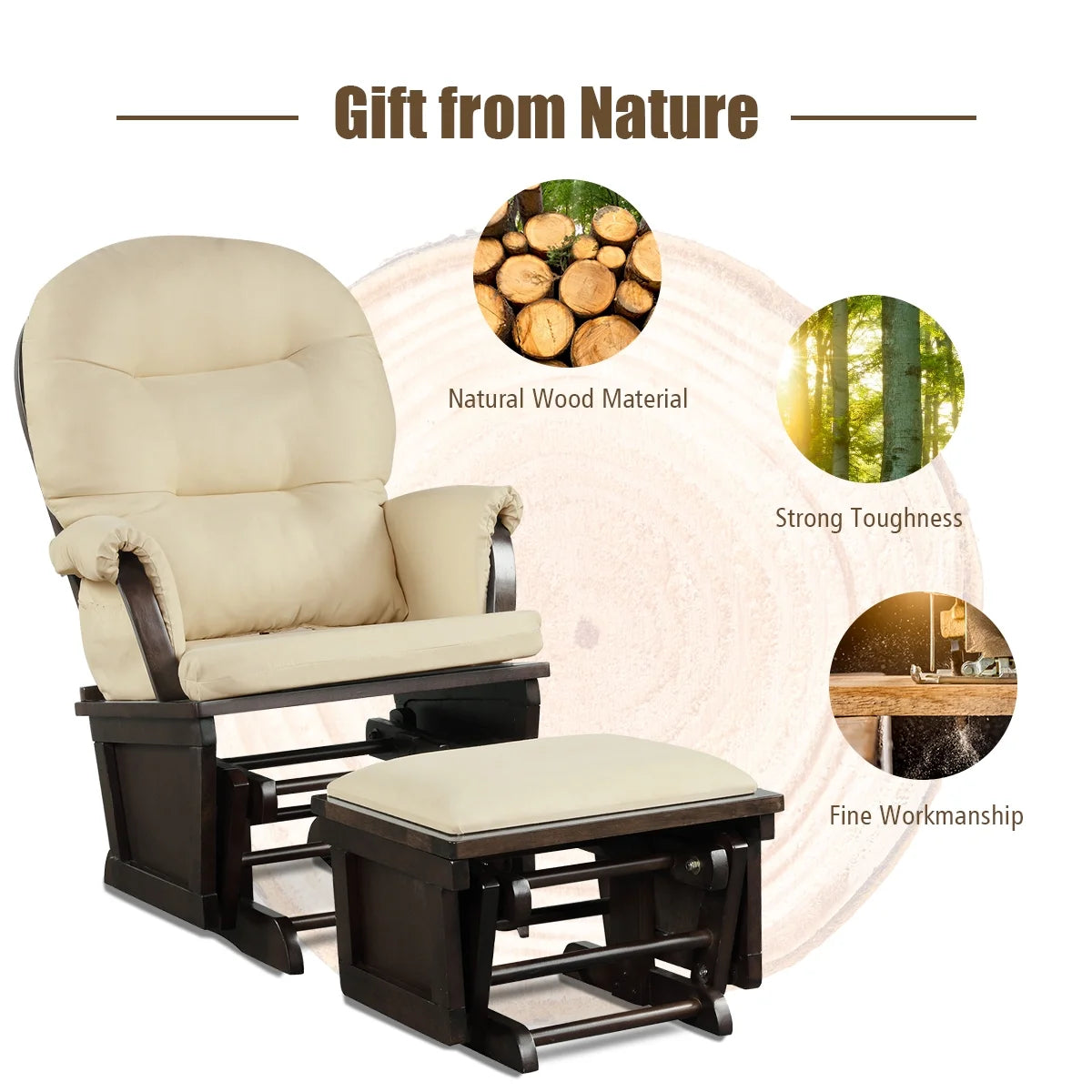 Ergonomic Rocking Chair Baby Nursery Chair Glider with Ottoman Light Beige