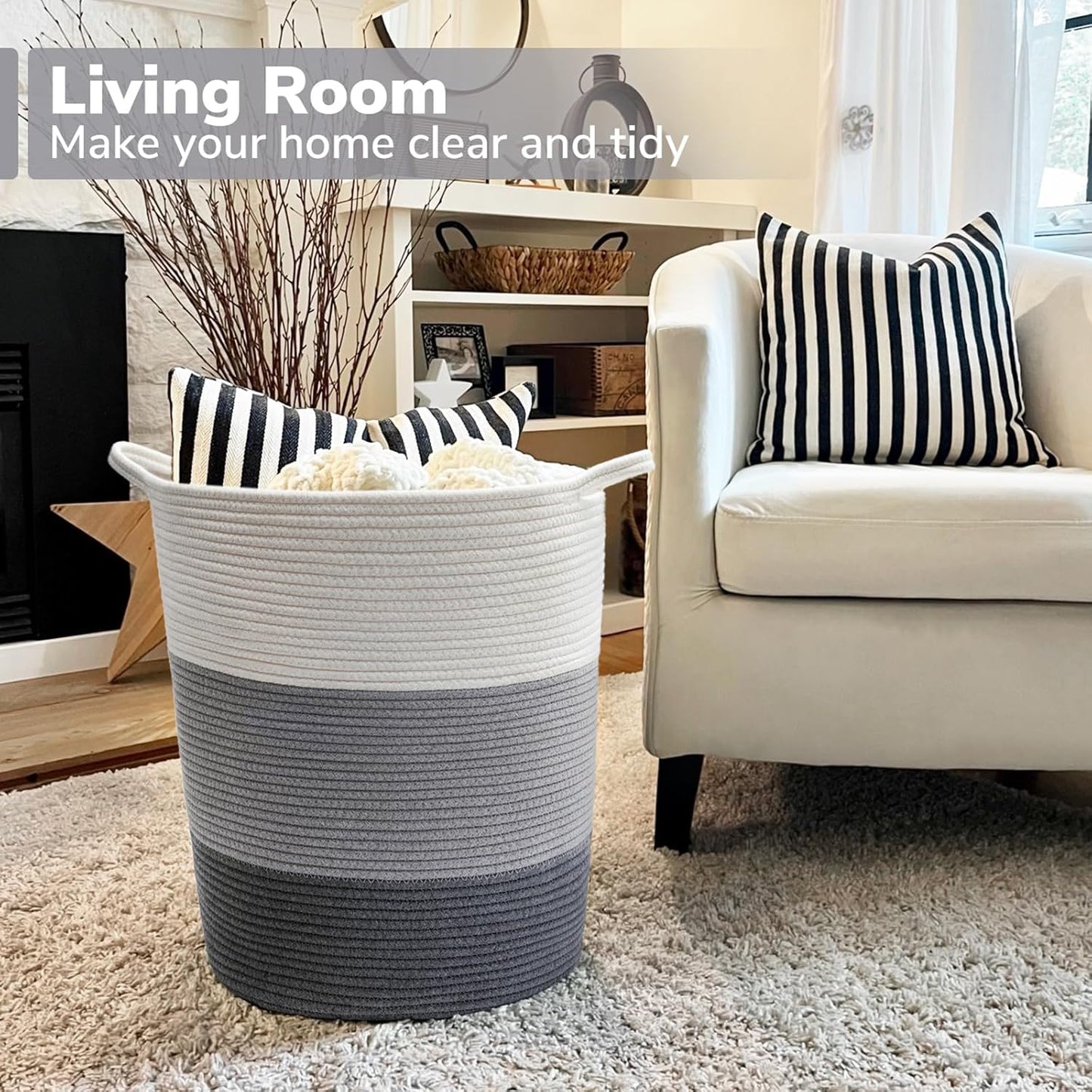 17¾ X 15¾ X 13¾ Inches Grey Baby Laundry Basket Thread Cotton Rope Basket Toy Storage Basket Organizer Tall Woven Basket Blanket Storage Baby Laundry Nursery Hamper for Living Room Toy Gifts