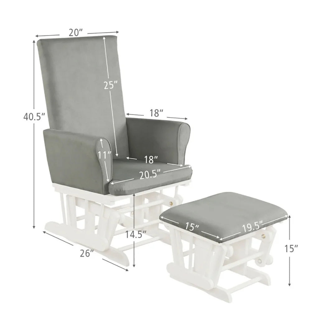 Upholstered Glider and Nursing Ottoman, Comfort Rocking Nursery Chair with Ottoman, Baby Nursery Relax Rocker Rocking Chair Glider and Ottoman Cushion Set, Gray
