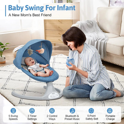 Electric Baby Swing, Infant Swing Rocker with Remote Control,5 Sway Speeds,Bluetooth Music,Blue