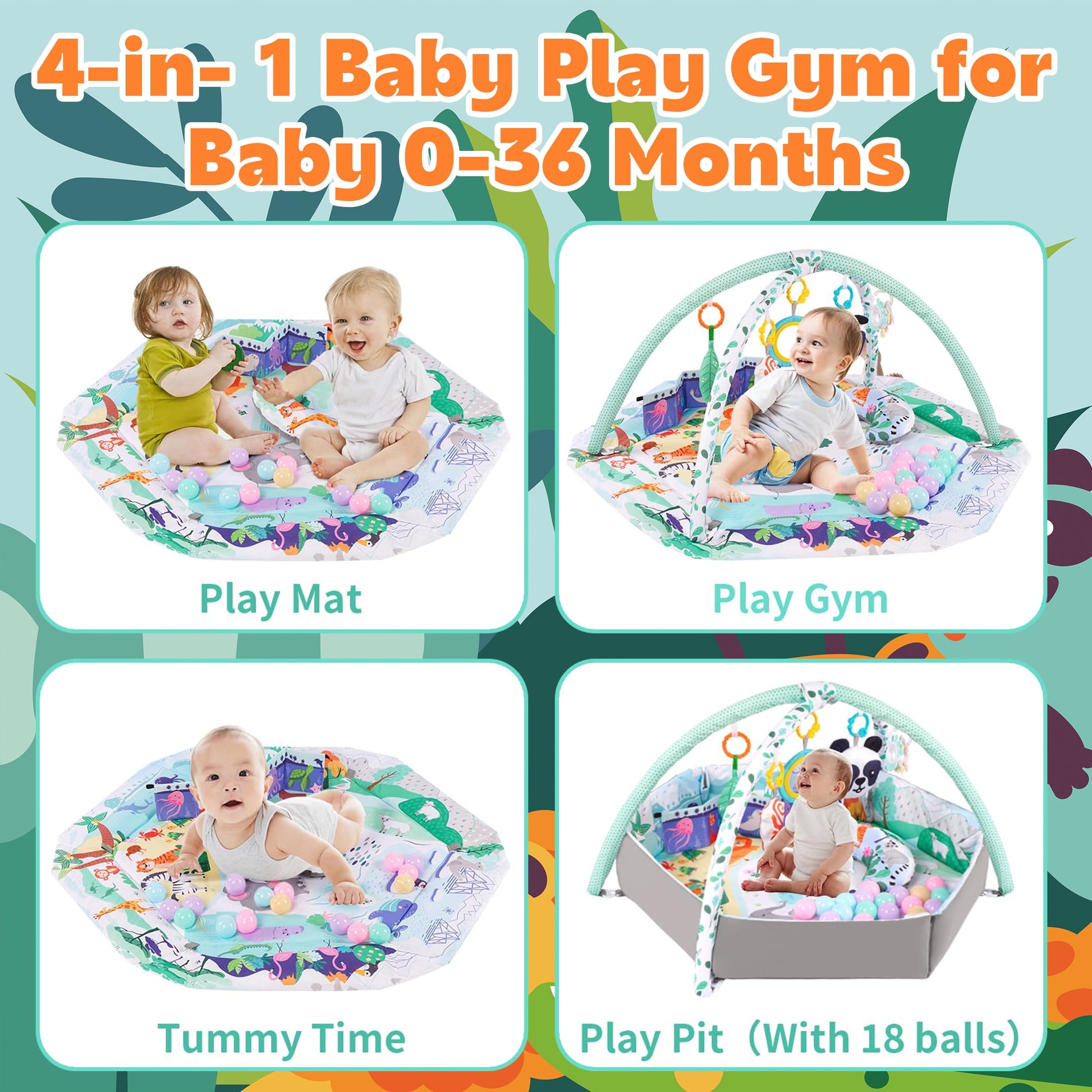 Baby Play Gym ,4-In-1 Baby Activity Gym & Tummy Time Play Mat, Infant Play Mat, Combination Activity Gym for Sensory Exploration and Motor Skill Development from Baby to Toddler Green