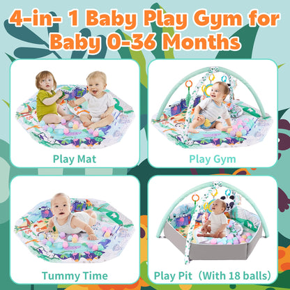 Baby Play Gym ,4-In-1 Baby Activity Gym & Tummy Time Play Mat, Infant Play Mat, Combination Activity Gym for Sensory Exploration and Motor Skill Development from Baby to Toddler Green