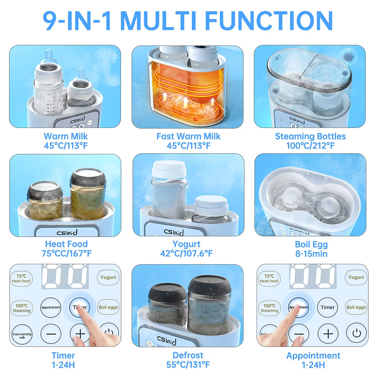 Bottle Warmer for Baby, Double Bottels Milk Warmer 9 in 1 Fast Food Heater & Defrost Bpa-Free with Appointment, LCD Display, Timer & 24H Temperature Control for Breastmilk & Formula
