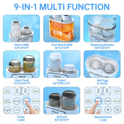 Bottle Warmer for Baby, Double Bottels Milk Warmer 9 in 1 Fast Food Heater & Defrost Bpa-Free with Appointment, LCD Display, Timer & 24H Temperature Control for Breastmilk & Formula