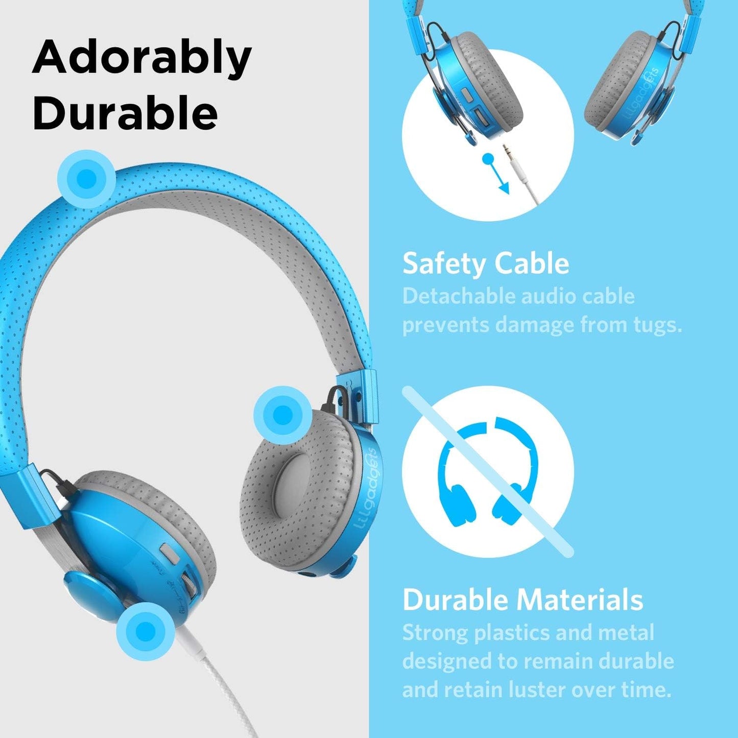 Untangled Pro On-Ear Wireless Kids Headphones for School, Microphone, Volume Limited, Shareport Technology, Softtouch Padding, Blue