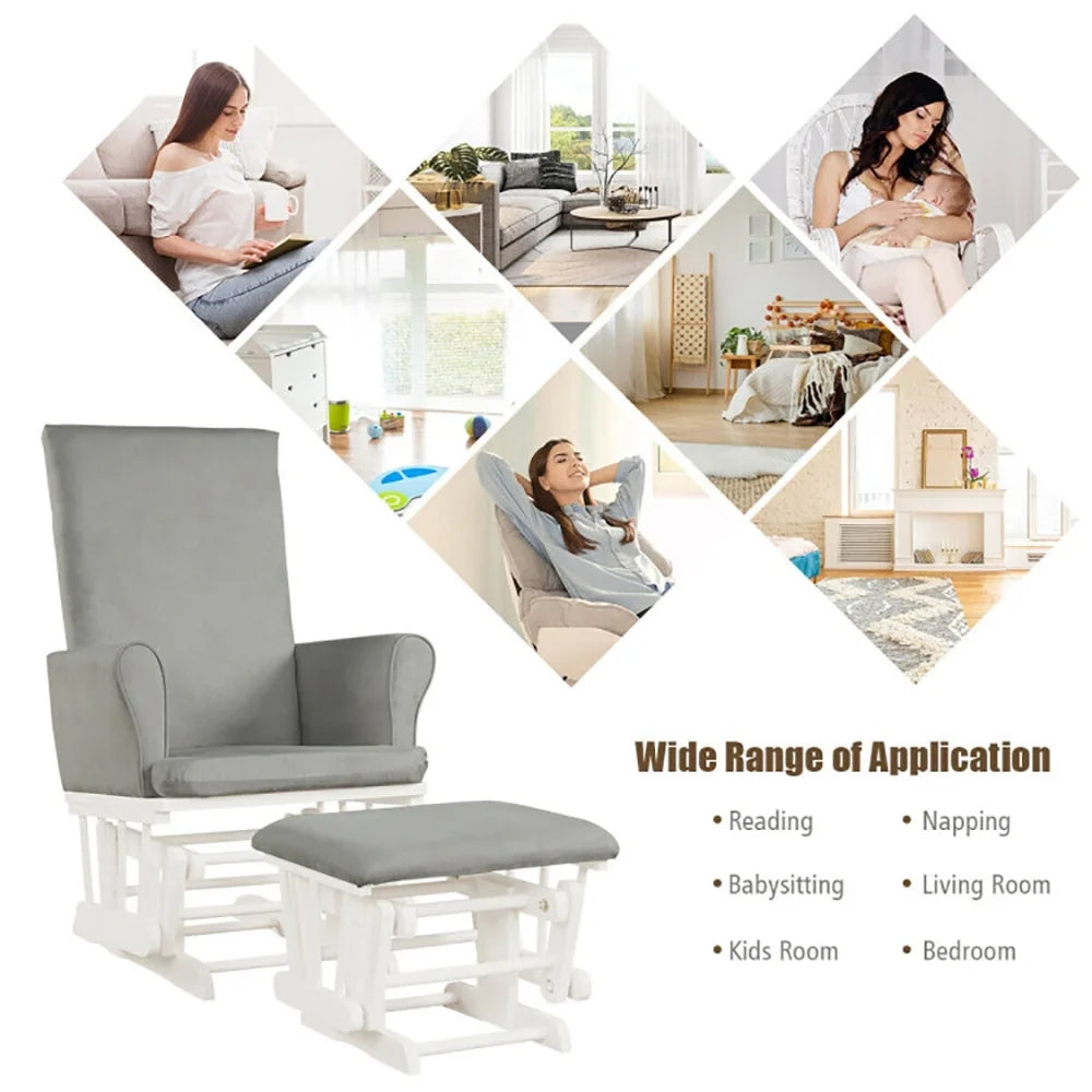 Upholstered Glider and Nursing Ottoman, Comfort Rocking Nursery Chair with Ottoman, Baby Nursery Relax Rocker Rocking Chair Glider and Ottoman Cushion Set, Gray