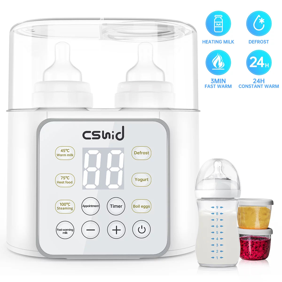 Bottle Warmer for Baby, Double Bottels Milk Warmer 9 in 1 Fast Food Heater & Defrost Bpa-Free with Appointment, LCD Display, Timer & 24H Temperature Control for Breastmilk & Formula