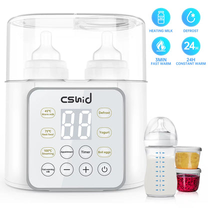 Bottle Warmer for Baby, Double Bottels Milk Warmer 9 in 1 Fast Food Heater & Defrost Bpa-Free with Appointment, LCD Display, Timer & 24H Temperature Control for Breastmilk & Formula