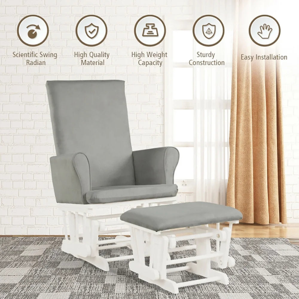 Upholstered Glider and Nursing Ottoman, Comfort Rocking Nursery Chair with Ottoman, Baby Nursery Relax Rocker Rocking Chair Glider and Ottoman Cushion Set, Gray